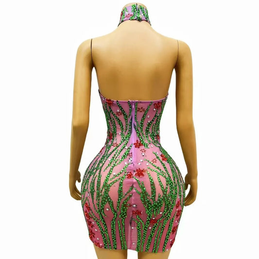 Sexy Backless Sparkly Colorful Rhinestones Mesh Mini Dress Women Birthday Evening Party Club Outfit Singer Stage Perform Costume