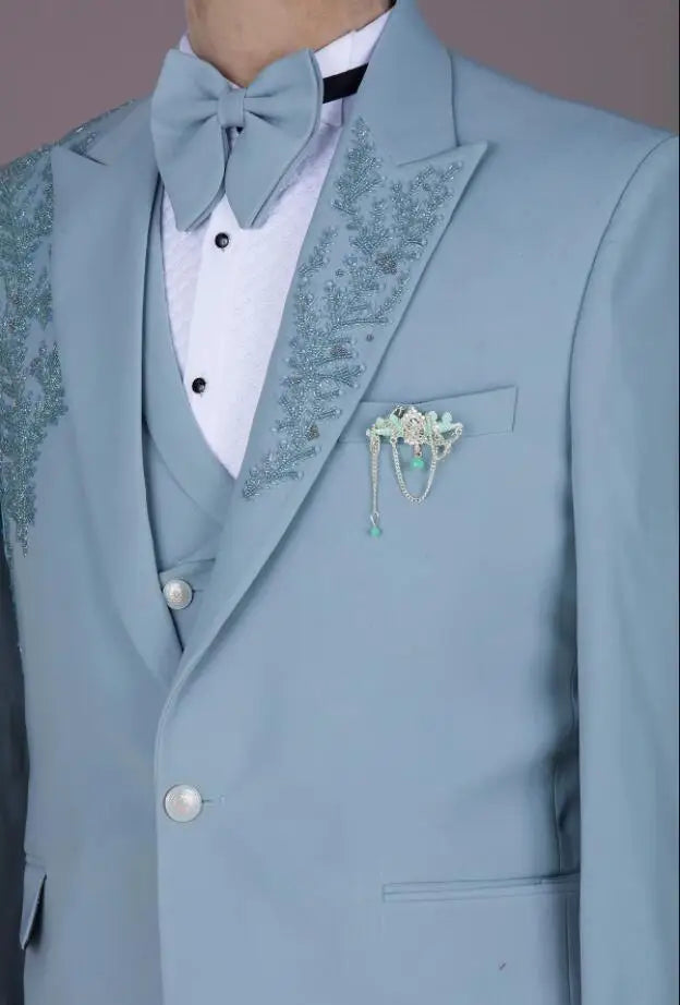 Elegant Wedding Men Suits Slim Tailor-Made Applique Groom 3-Pieces Coat Vest Pant Formal Occasions Party Singer Costume Made