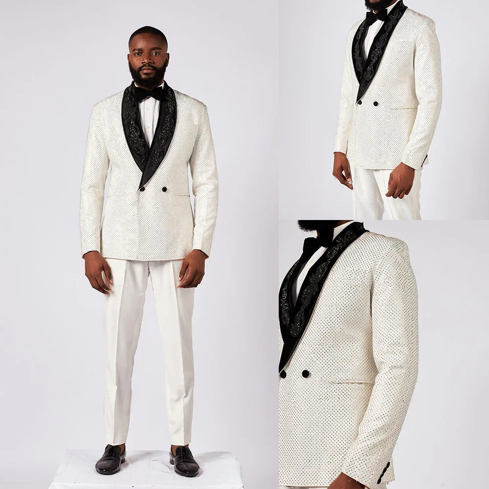 Modern Men Suits Shawl Lapel Rhinestone Tailor-Made 2 Pieces Set Jacket Beaded Double Breasted Blazer Customized Coat Pants