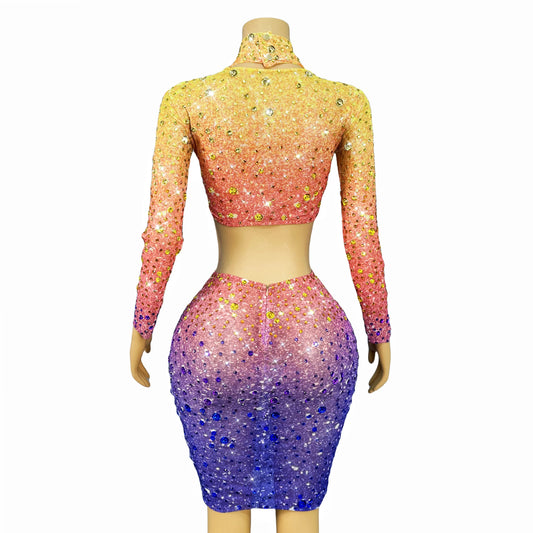 Sexy Gradient Color Sparkly Rhinestones Top Skirt Hollow Waist Split Set Birthday Party Celebrate Photoshoot Stage Costume