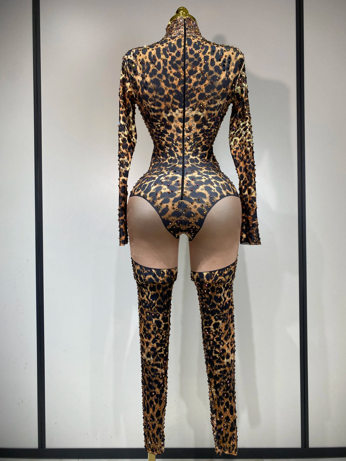 Stretch Leopard Print Sexy Bodycon Jumpsuit Bar Nightclub Singer Dancer Luxury Diamond Stage Performance Outfit