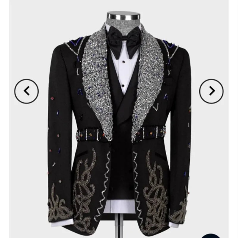Sparkly Men's Suits Tailor-Made 3 Pieces Blazer Vest Pants One Button Sequins Satin Peaked Lapel Business Wedding Groom Tailored