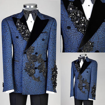 Vintage Men‘s Suits Tailor-Made Appliques Peaked Lapel Jacket Blazer 2 Pieces Set Beaded Jacquard Groom Customized Coat Pants