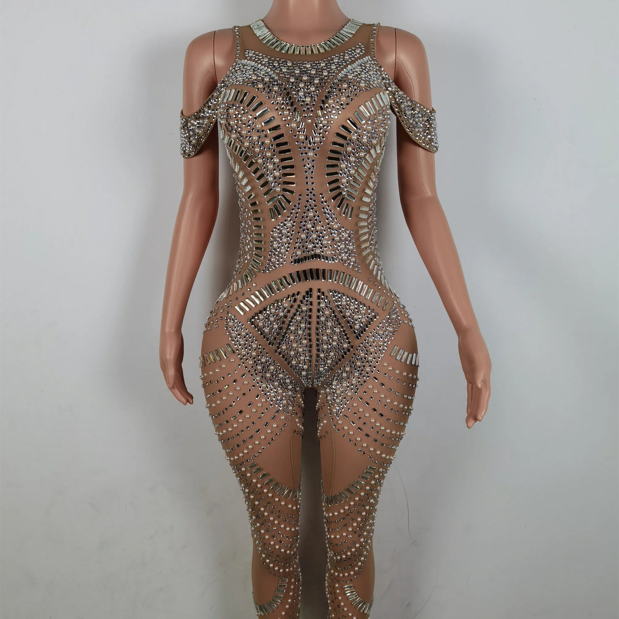 Sexy Crystals Pearls Rompers Transparent Bodysuit Stripper Dancewear Pole Dance Leotard Plus Size Women Club One Piece Jumpsuits