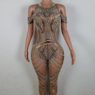 Sexy Crystals Pearls Rompers Transparent Bodysuit Stripper Dancewear Pole Dance Leotard Plus Size Women Club One Piece Jumpsuits