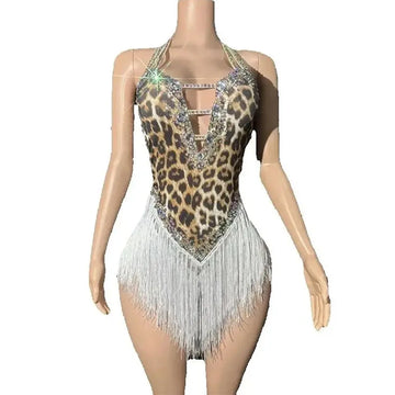 Women Sexy Sparkly Rhinestones Tassel Leopard Print Bodysuit Backless Performance Dance Costume Singer Dancer Wear Club Outfit