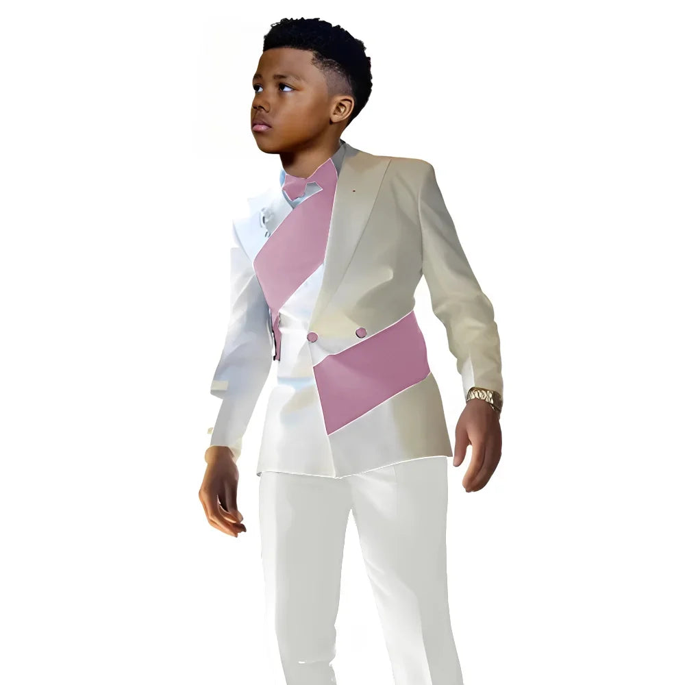 Satin Boys Suit 2 Pieces Set Double Breasted White Jacket with Pants Wedding Tuxedo Kids for 2-16 Years Old Boy Slim Fit Suit