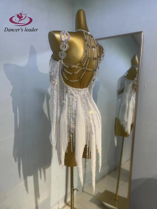 Latin Dance Rhinestone Women's High-end Custom Tailcoat Tassel Suspender Design Samba Performance Dress