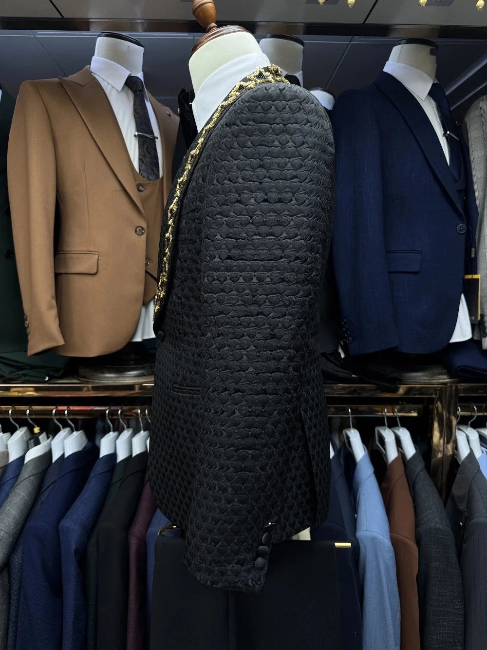 Vintage Men Suits Tailor-Made 3 Pieces Shawl Lapel Jacket Beading Blazer One Button Air Cotton Groom Customized Coat Vest Pants