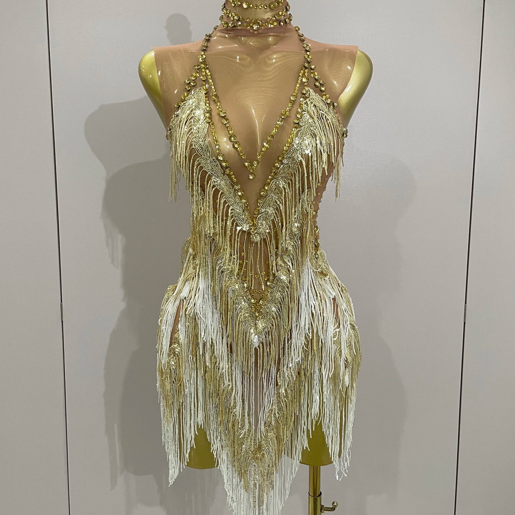 Robe courte sexy en maille extensible pour femme, avec strass scintillants et pompons, tenue de soirée pour boîte de nuit, chanteuse, danse, scène