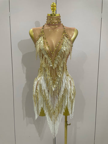 Robe courte sexy en maille extensible pour femme, avec strass scintillants et pompons, tenue de soirée pour boîte de nuit, chanteuse, danse, scène