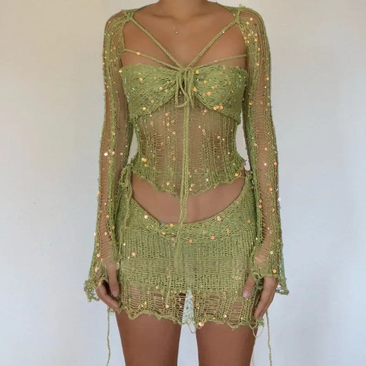 Glitter Sequins Knitted Skirt Sets Women 3 Piece Outfit Vacation Festival Clothing See Through Top and Mini Skirt Matching Sets
