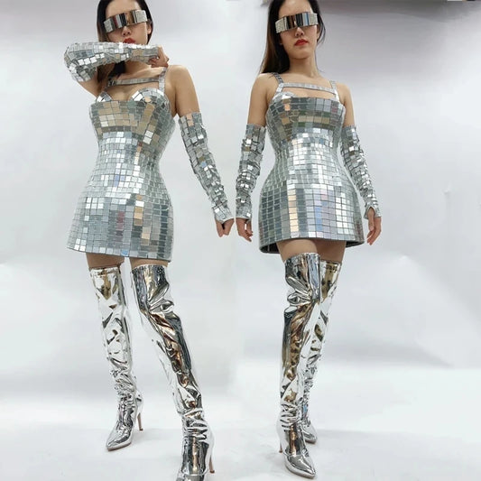 Nuevos vestidos de actuación en el escenario de estilo tecnológico para mujer, con espejos plateados completos, vestido sexy para baile en barra, disfraz para bar y discoteca.