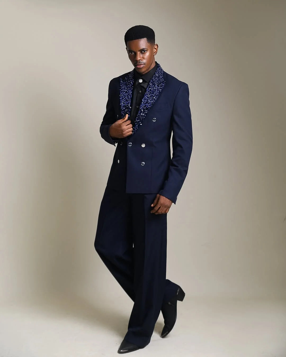 Navy Blue Men Suit Set 2 Piece Blazer+Pants Trousers Beaded Lapel Wedding Tuxedos Formal Office Jacket Prom Coat Customized