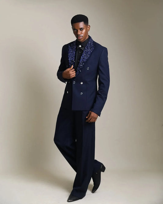 Navy Blue Men Suit Set 2 Piece Blazer+Pants Trousers Beaded Lapel Wedding Tuxedos Formal Office Jacket Prom Coat Customized