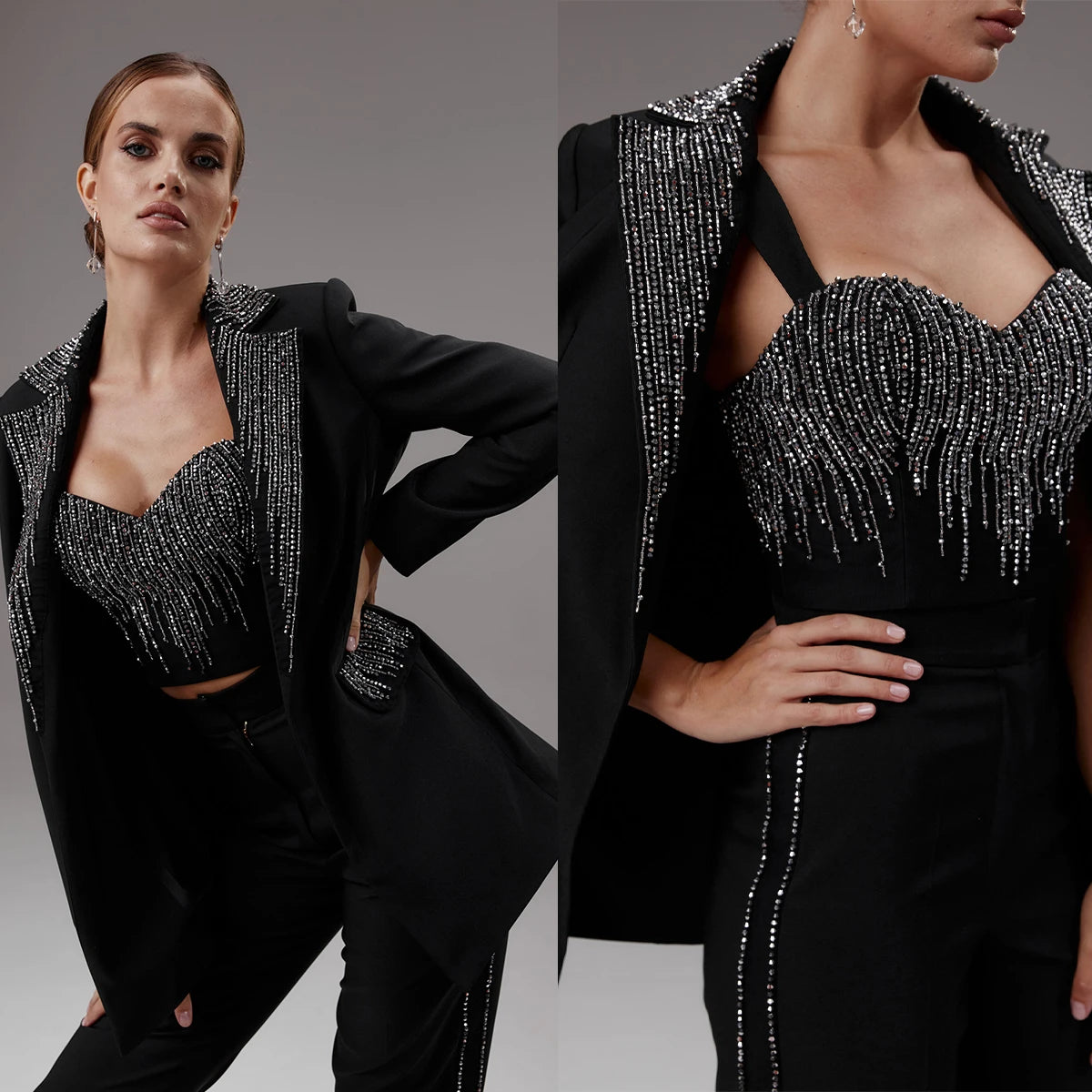 Ensemble 3 pièces blazer slim noir à paillettes pour femme, veste sur mesure pour soirée, bal, mariage