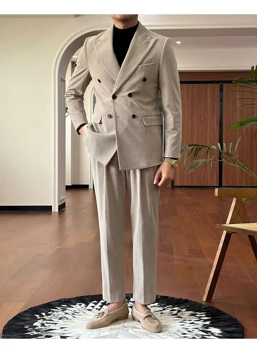 Autumn Thick Corduroy Groom Men Suit Designers Slim Fit Business Casual Double Breasted Suit Set Trend