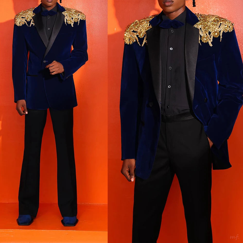 Luxury Velvet Men Wedding Suits 2 Piece Groom Wedding Tuxedos Appliques Prom Jacket Business Customized