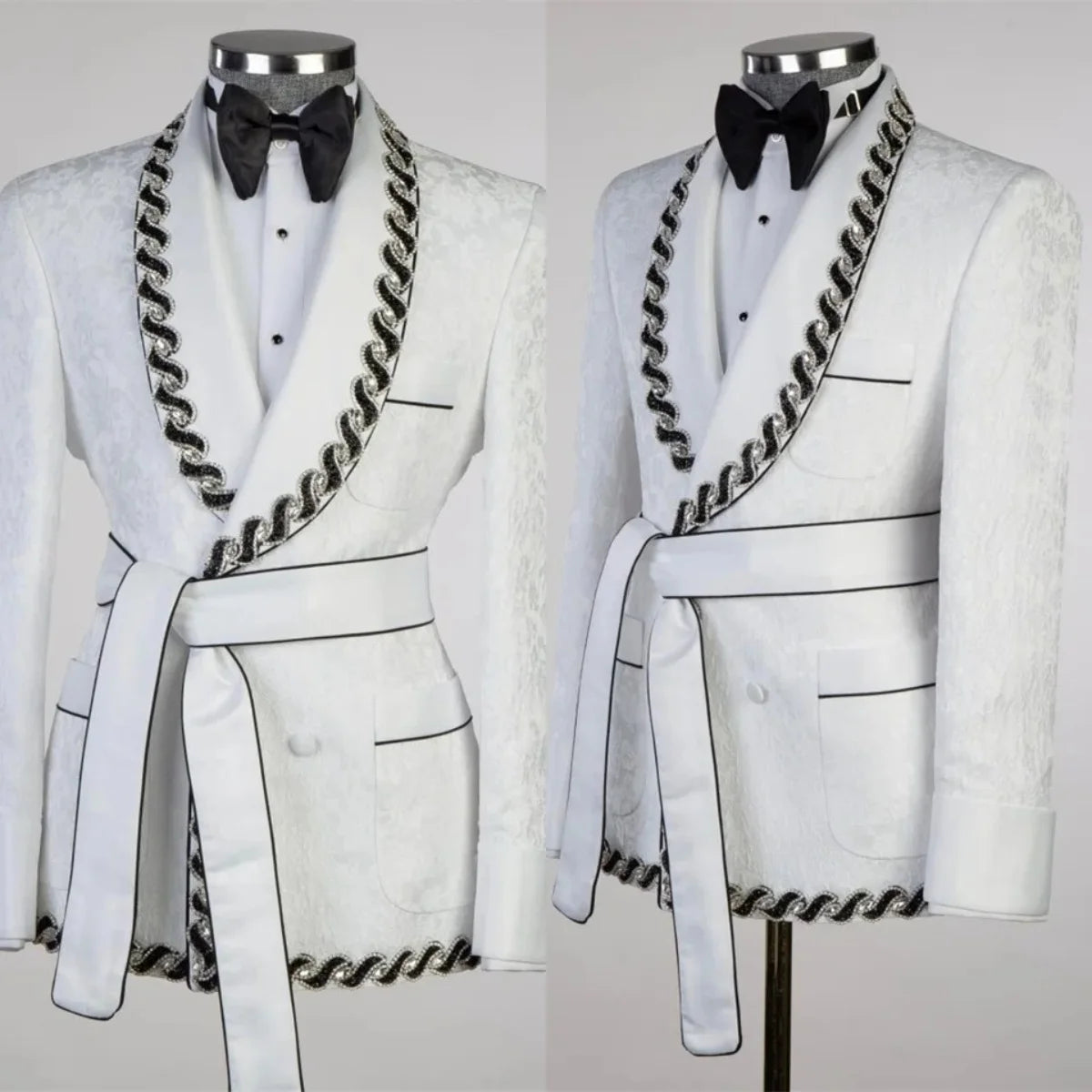 Modern Men Suits Jacquard Tailor-Made 2 Pieces Set Shawl Lapel Jacket Beading Blazer Double Breasted Groom Customized Coat Pants