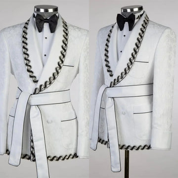 Modern Men Suits Jacquard Tailor-Made 2 Pieces Set Shawl Lapel Jacket Beading Blazer Double Breasted Groom Customized Coat Pants