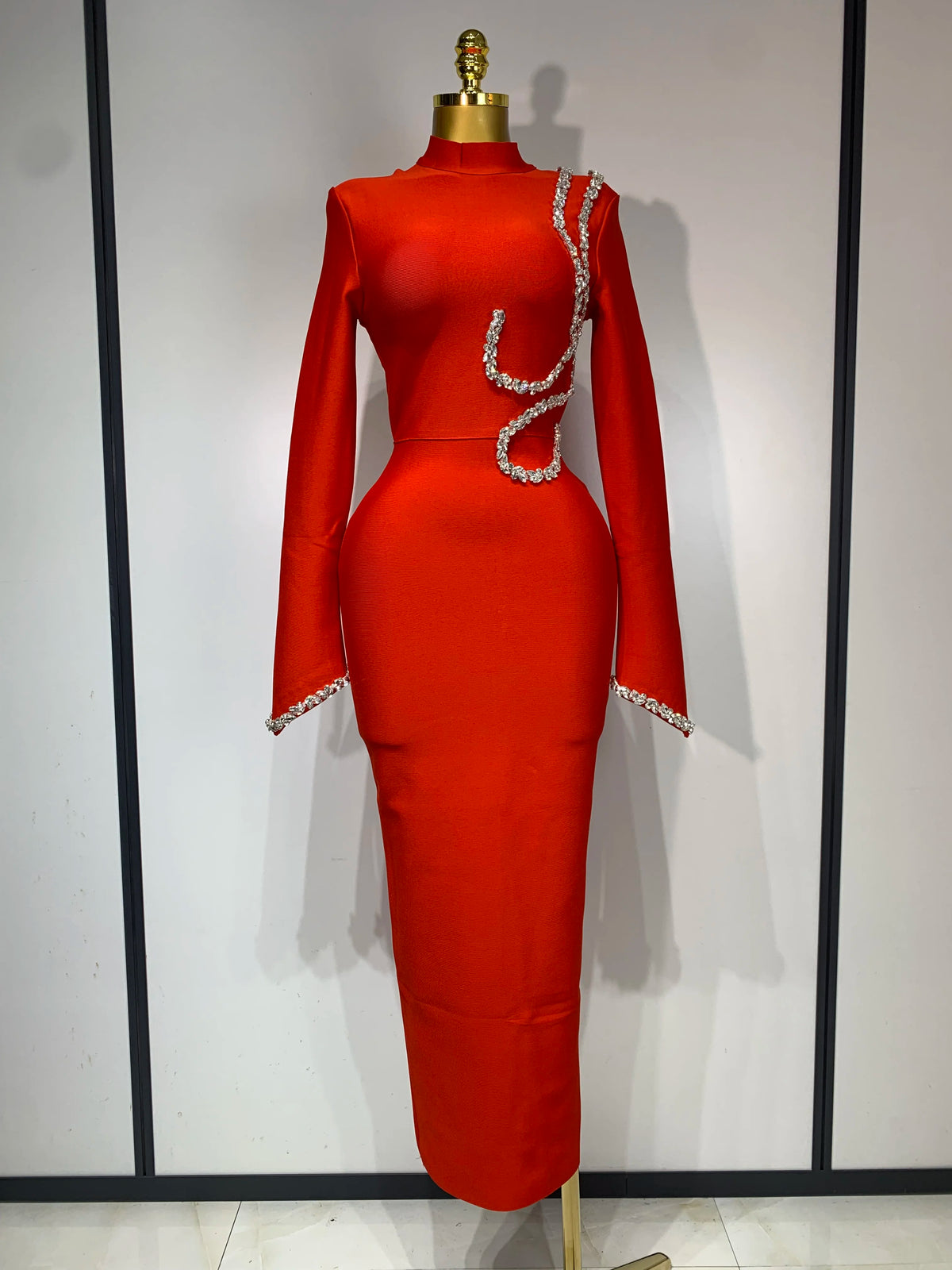 Women Sexy Long Sleeve Diamonds Maxi Long Bodycon Bandage Dress Celebrity Elegant Evening Party Luxury Birthday Dresses