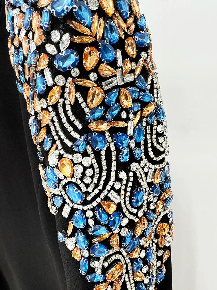 Designer Fashion Women's Long Sleeve Rhinestone Diamonds Beaded Midi Dress