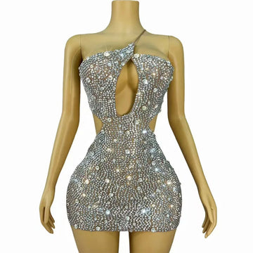 Sexy Luxury Sparkly Rhinestones Hollow Out Backless Suspenders Dress Cocktail Party Evening Outfit Perform Photoshoot Costume