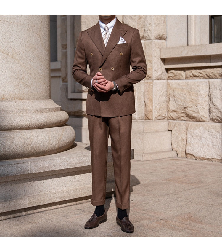 Trajes formales casuales de doble botonadura, 2 piezas, trajes de negocios sencillos de lujo para hombre, traje ajustado de color liso para hombre 