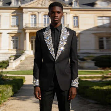 Luxury Gem Diamond Men Suits 2 Pieces Sets Peaked Lapel Groom Tuxedos Wedding Trajes Para Hombre Male Prom Blazer Customized