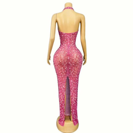Luxurious Shining Rhinestones Sexy V-neck Rosy Mesh Dress Holiday Journey Seaside Outfit Evening Cocktail Party Gown Stage Wear