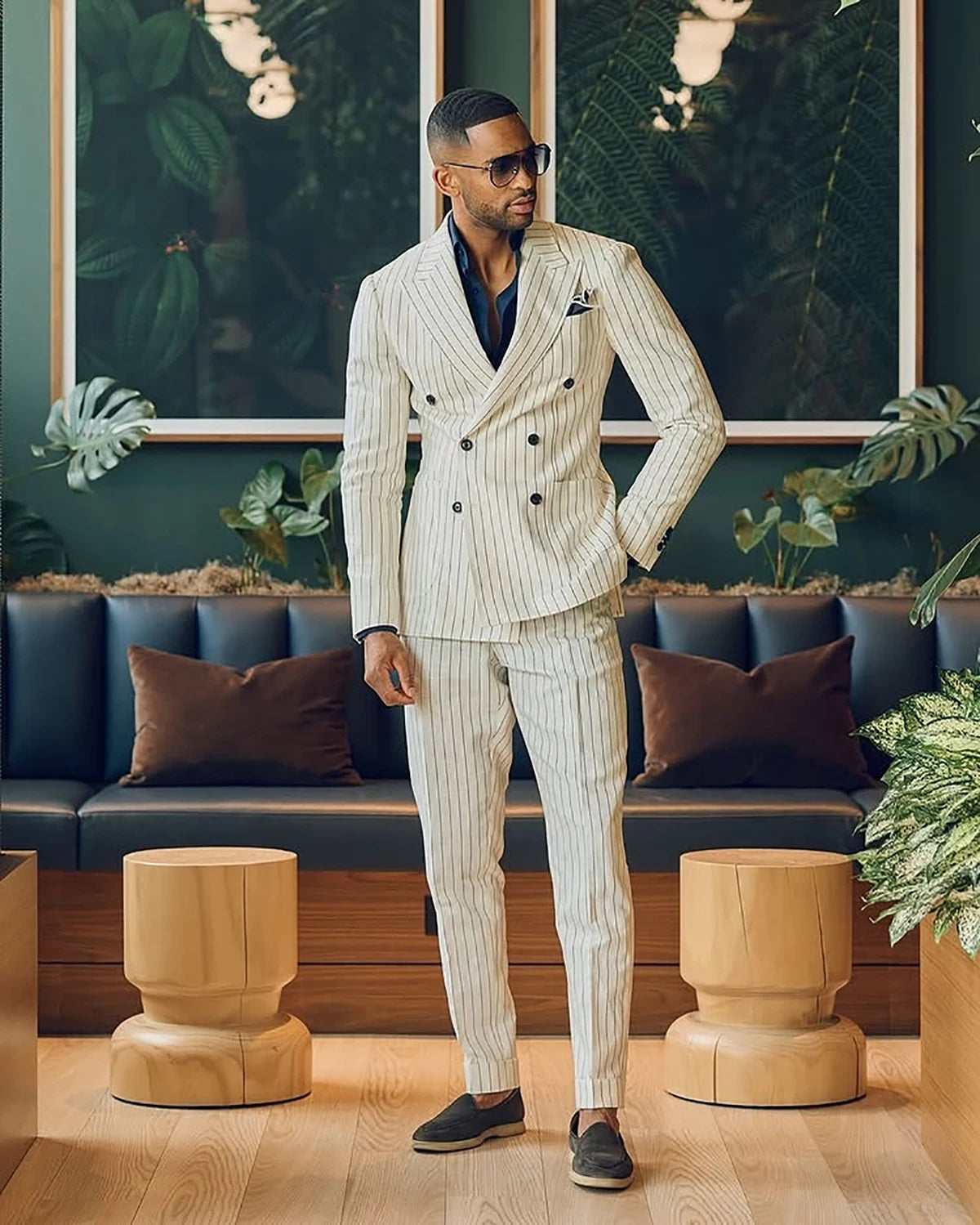 Fashion Men Suits Peaked Lapel Stripe Blazer Tailor-Made 2 Pieces Set Jacket Double Breasted Groom Customized Coat Pants