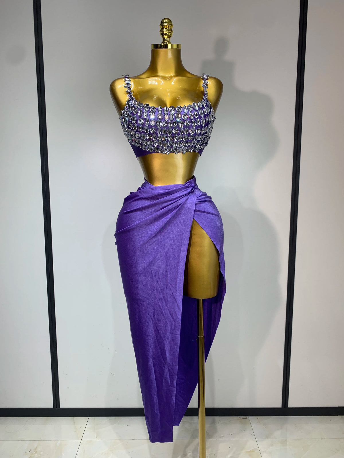 Women Sexy Sparkly Rhinestone Two Pieces Set Stretched Nightclub Skirt Suits Birthday Singer Dancer Stage Performance Costume