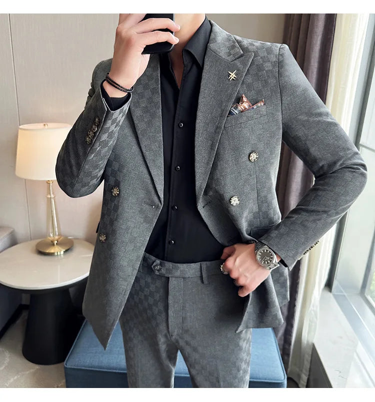 Elegant Double-Breasted Navy Checker Suit for Men – Custom Tailored Business & Wedding Attire, Stylish Formalwear Set