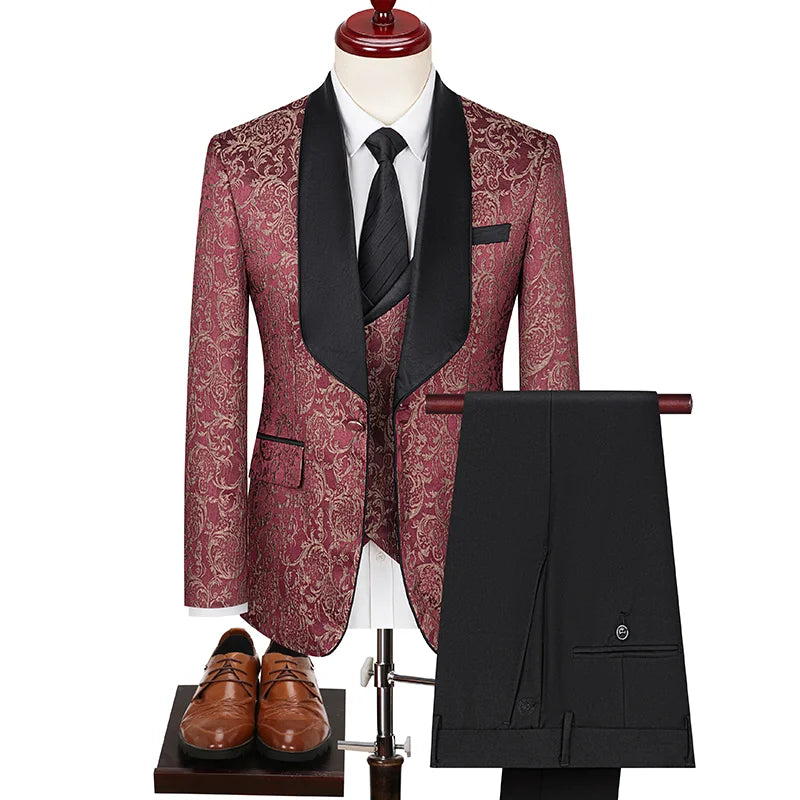 Men's British Style Business Casual Three-Piece Suit Vest Trousers High-Density Jacquard Wedding Dress