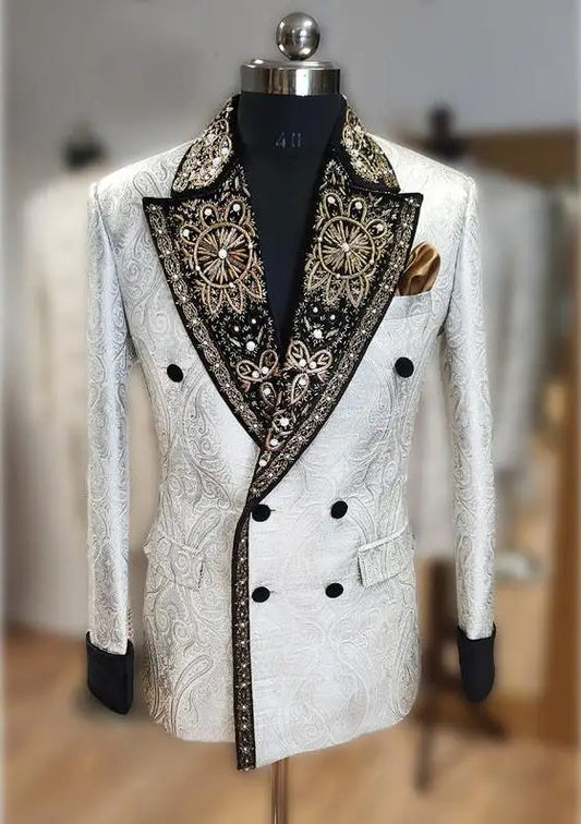 Fashion Appliques Men Suits Jacquard 1 Piece Tailor-Made Jacket Only One Blazer Embroidery Double Breasted Groom Customized Coat