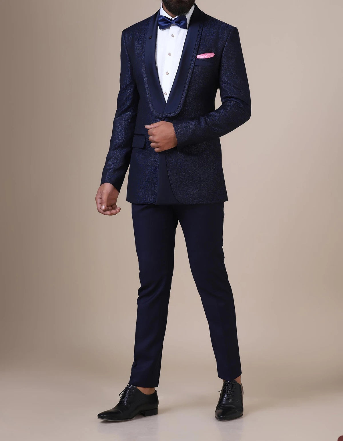 Costumes pour hommes sur mesure épissés 2 pièces bleu marine jacquard blazer pantalon un bouton satin transparent revers affaires mariage marié sur mesure