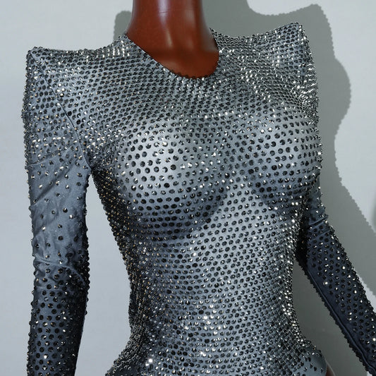 Sexy Glitter Rhinestones Grey Long-sleeved Bodysuit Party Birthday Singer Dancer Performance Stage Wear  Drag Queen Outfit