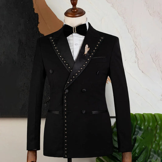 Customized Shiny Metal Embellished Men Suits 2 Pieces Sets Peaked Lapel Groom Tuxedos Wedding Blazers Outfit Slim Ropa Hombre