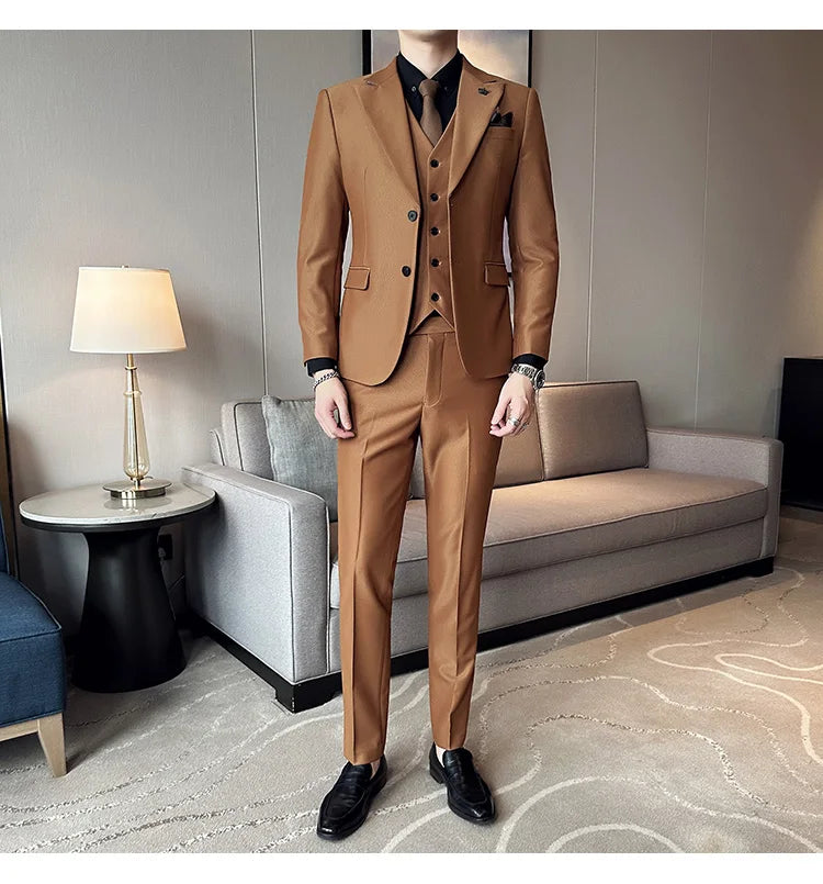 (Chaqueta + chaleco + pantalones) Traje de lujo de primavera para hombre, traje formal para novio, esmoquin de boda, traje ajustado para fiesta de trabajo, 3 piezas