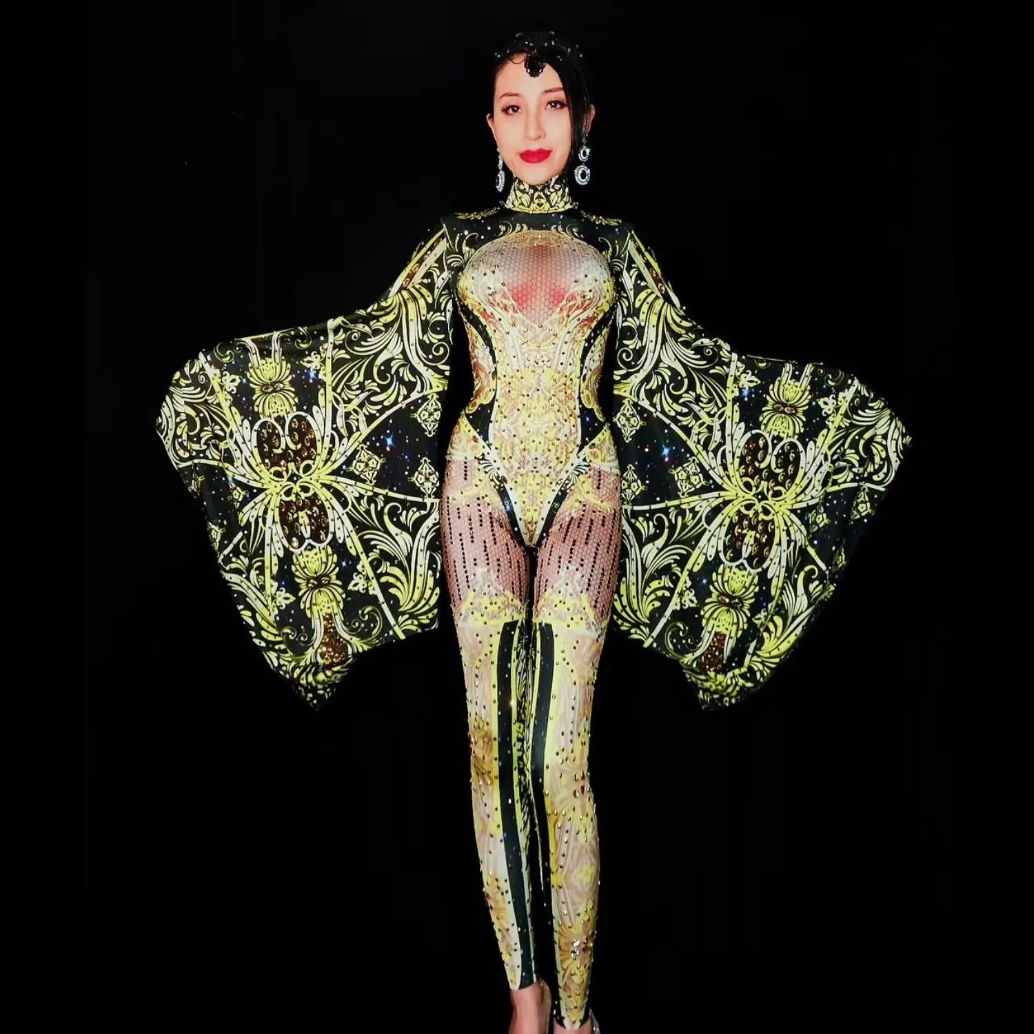 Gold Rhinestones Jumpsuit Women Sexy Leotard Big Sleeve Stage Costumes Singer Performance Outfits Dancer Rompers