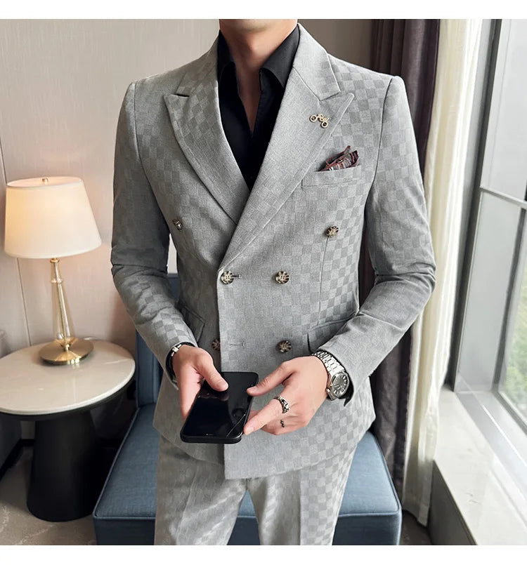 Elegant Double-Breasted Navy Checker Suit for Men – Custom Tailored Business & Wedding Attire, Stylish Formalwear Set