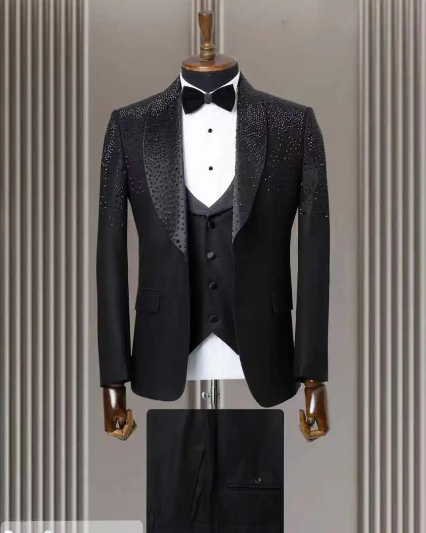 Crystals Men Suit Set 2 Piece Blazer+Pants Trousers Luxury Shiny Wedding Tuxedos Formal Office Jacket Prom Coat Customized