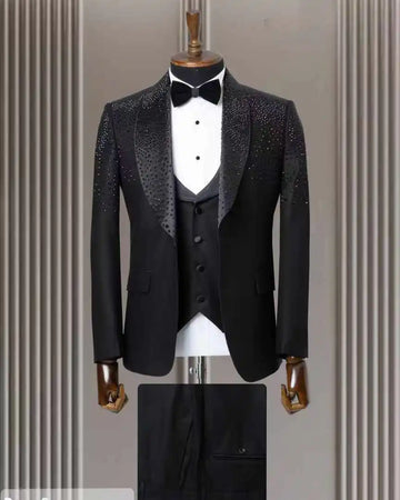 Crystals Men Suit Set 2 Piece Blazer+Pants Trousers Luxury Shiny Wedding Tuxedos Formal Office Jacket Prom Coat Customized