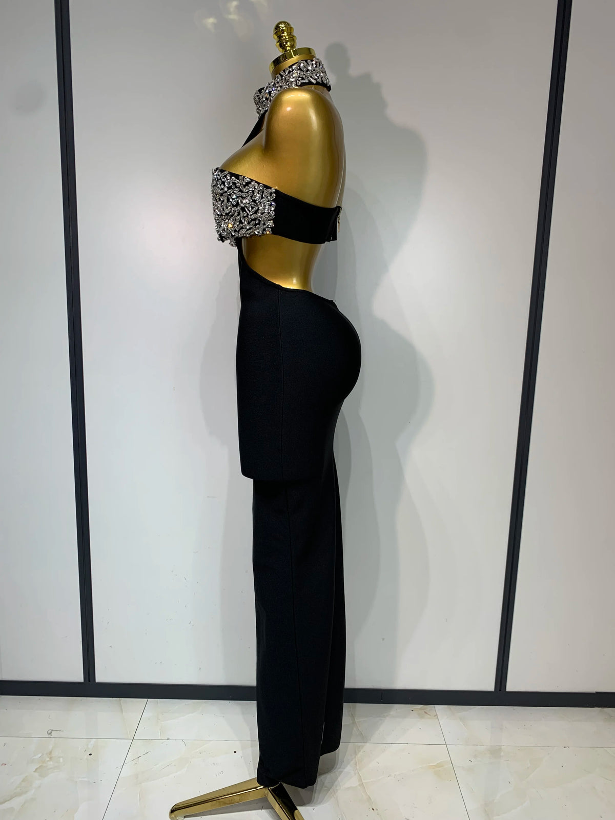 Women Sexy Backless Sparkly Crystal Diamonds Black Bodycon Bandage Dress Celebrity Elegant Evening Club Party Birthday Dresses