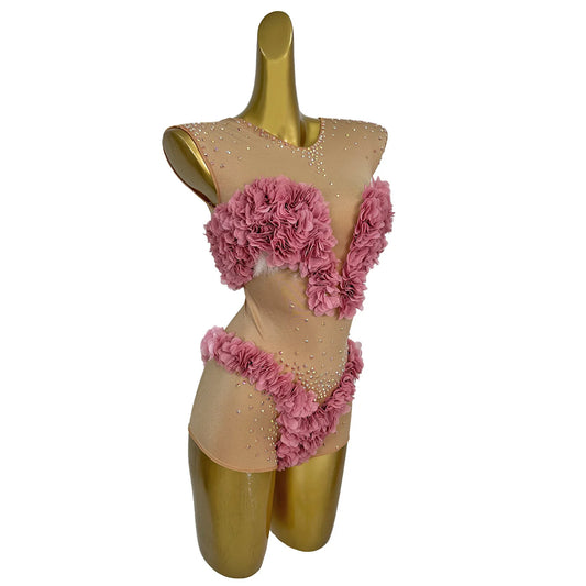 Pink Flower Sparkly Rhinestone Bodysuit Spandex Elastic Dance Tight Fitting Shorts Festival Celebrate Performance Party Outfit