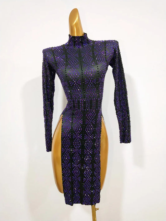 Robe courte sexy à strass et fente haute pour chanteuse, costume de danse sur scène, bar, discothèque, gogo, danseuse, fête, club, robe en cristal 