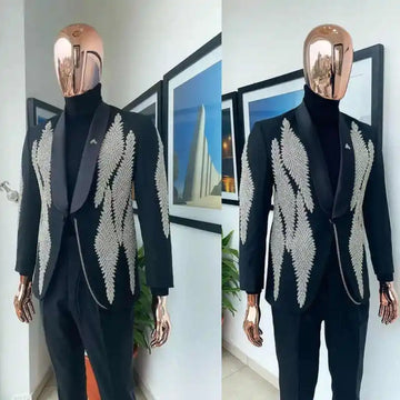 Shiny Men's Suits 2 Pieces Blazer Single Breasted Beads Wedding Groom Tuxedos Business Prom Customized Trajes Para Hombre