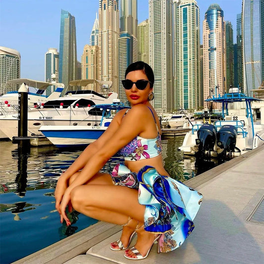 Printed Blue Two-Piece Women'S V-Neck Sleeveless Short Top High Waist Mini Skirt Sexy Sequined Two-Piece Set