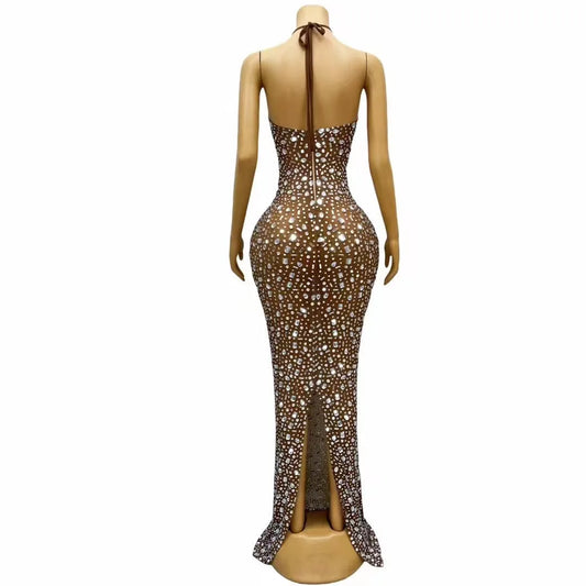 Sexy Stage Luxury Evening Blingnling Silver Rhinestones Bandage Backless Dress Women Birthday Party Perform Photoshoot Costume