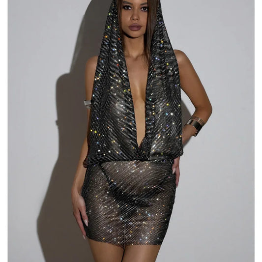 Glitter Fishnet Skirt Suit for Women Mesh Turban Dress Low Cut Crop Y2K Tops Elastic Waist Wrap Hip Skirts 2 Piece Set